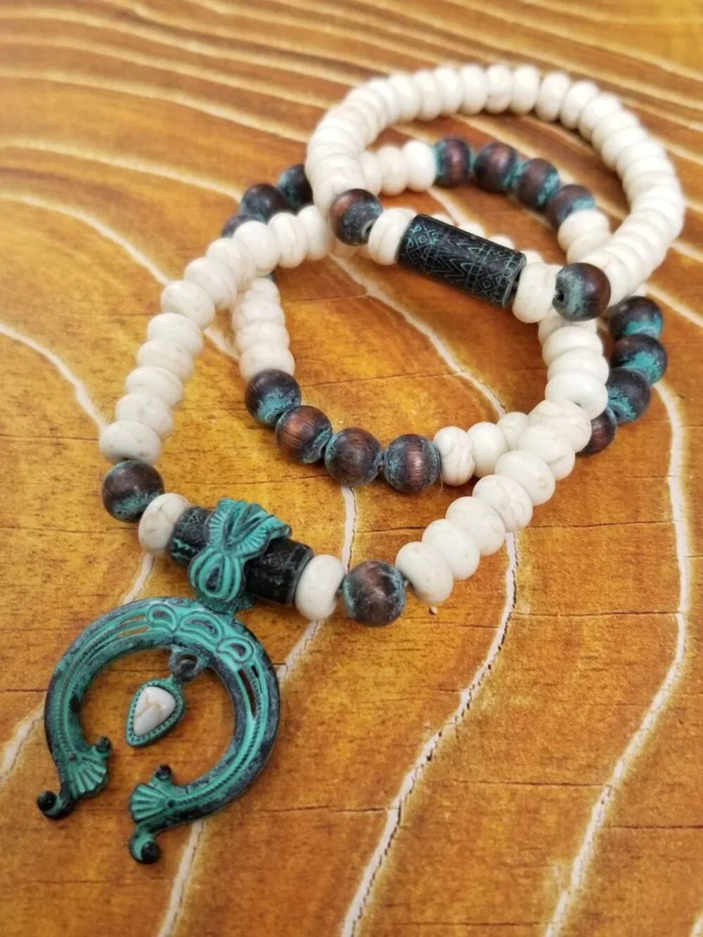 Southwestern Turquoise Patina Squash Blossom Beaded Bracelet Stack Set OSFM NWT